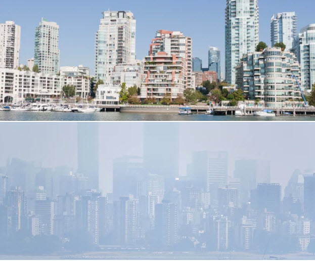 Downtown Vancouver before and after hazy smokes caused by massive wildfires